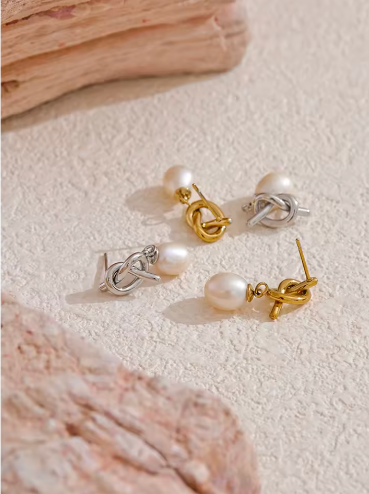 Natural Freshwater Pearl Knot Drop Earrings