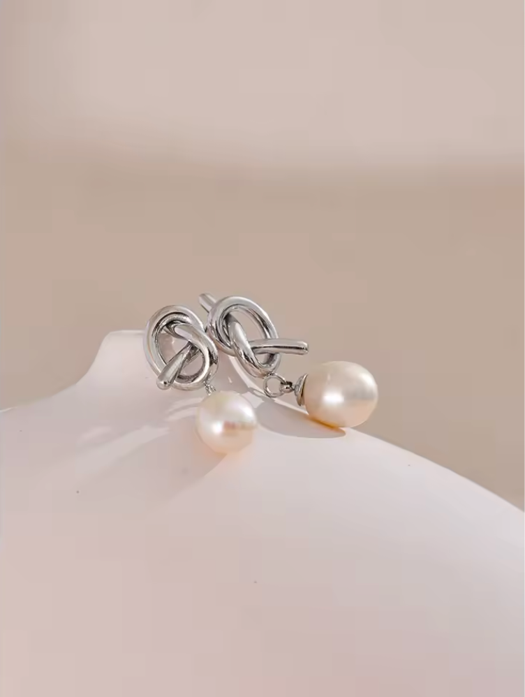 Natural Freshwater Pearl Knot Drop Earrings
