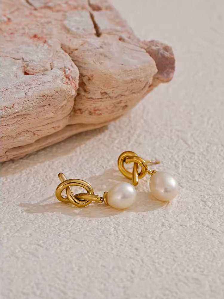 Natural Freshwater Pearl Knot Drop Earrings