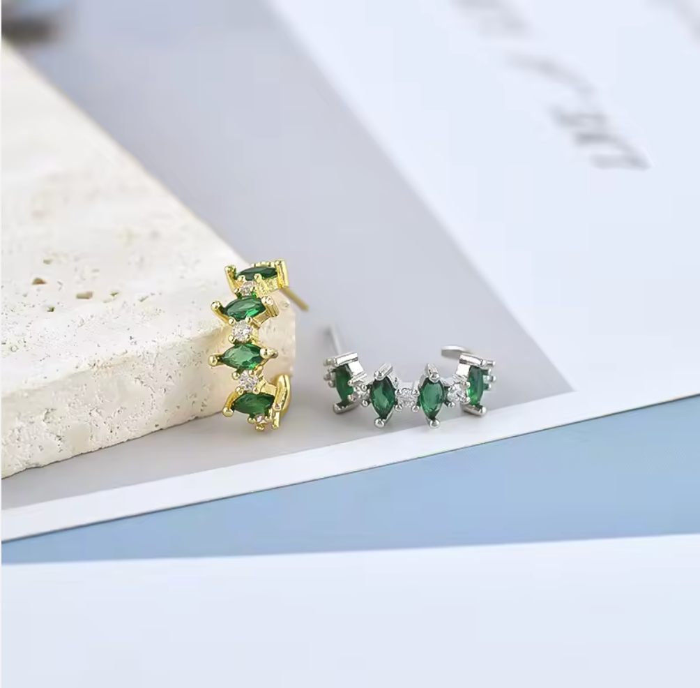 Green Emerald and White Zircon C Shaped Hoop Earrings | S925