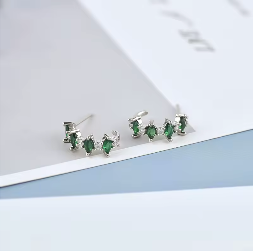 Green Emerald and White Zircon C Shaped Hoop Earrings | S925