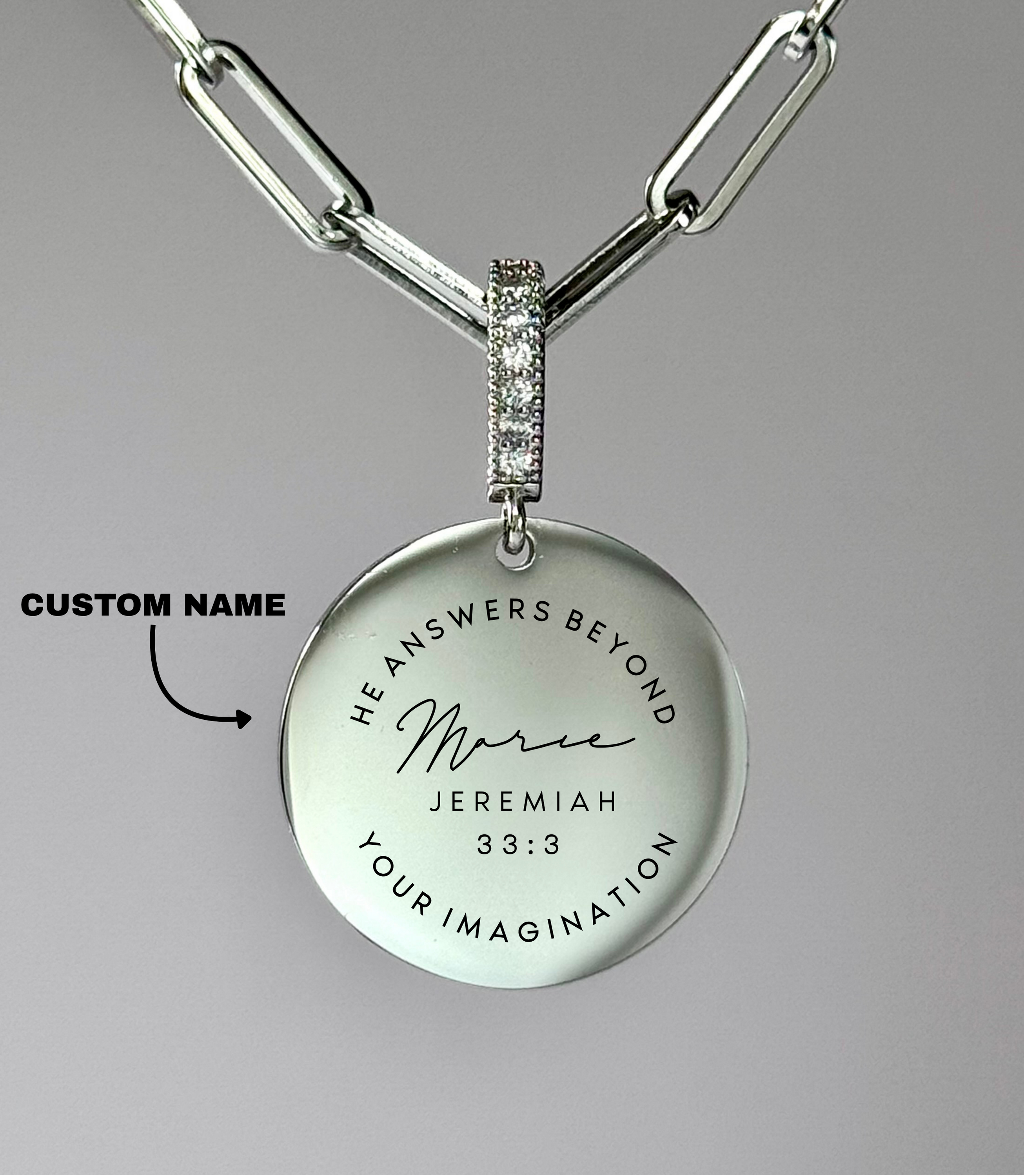 "HE ANSWERS BEYOND YOUR IMAGINATION" Custom Name Necklace | Jeremiah 33:3
