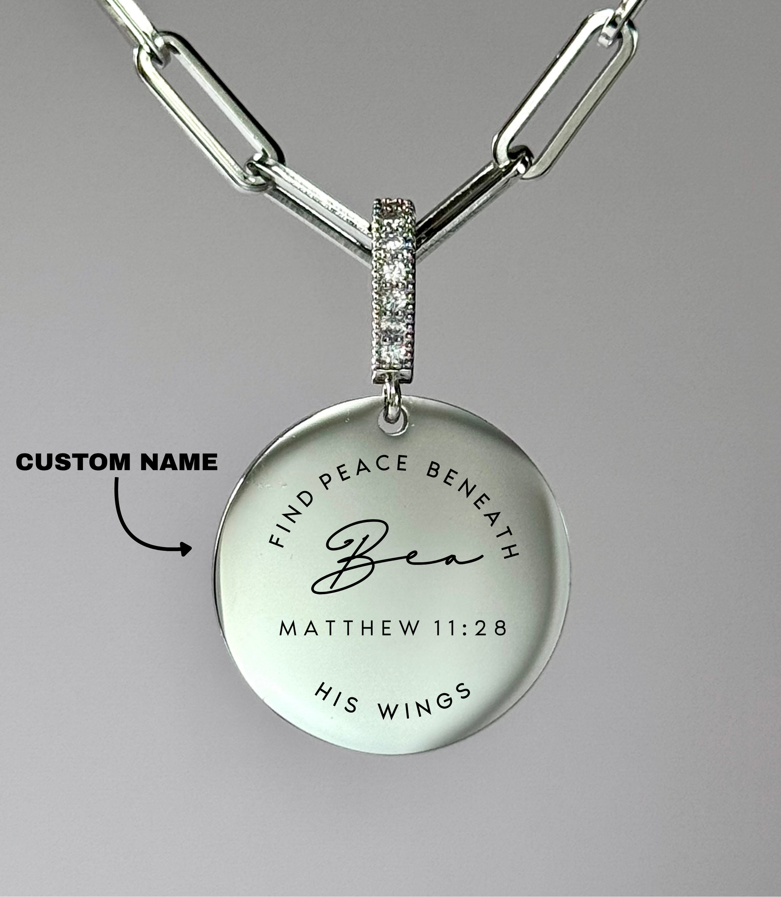 "FIND PEACE BENEATH HIS WINGS" Custom Name Necklace | Matthew 11:28