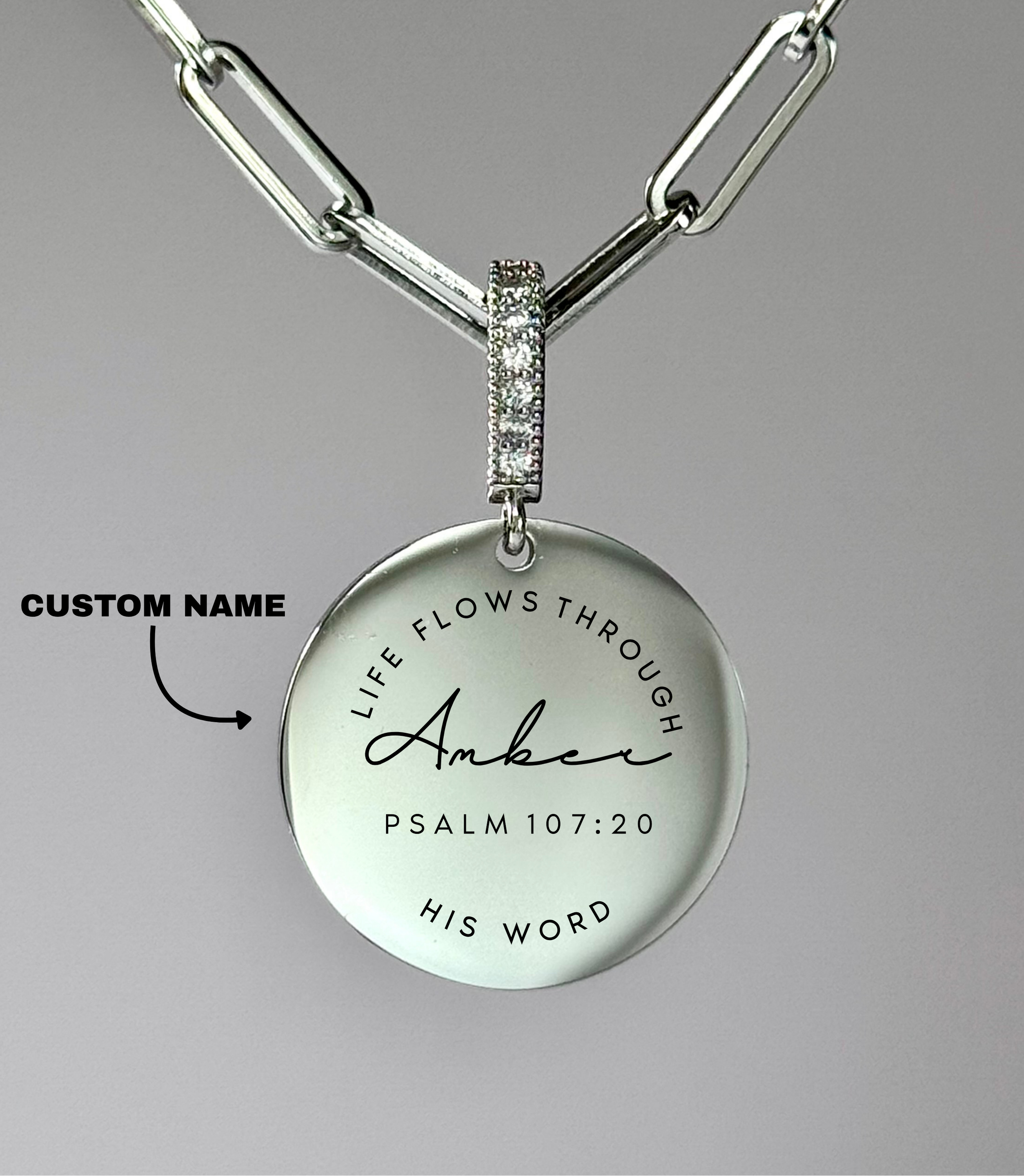 "LIFE FLOWS THROUGH HIS WORD" Custom Name Necklace | Psalm 107:20