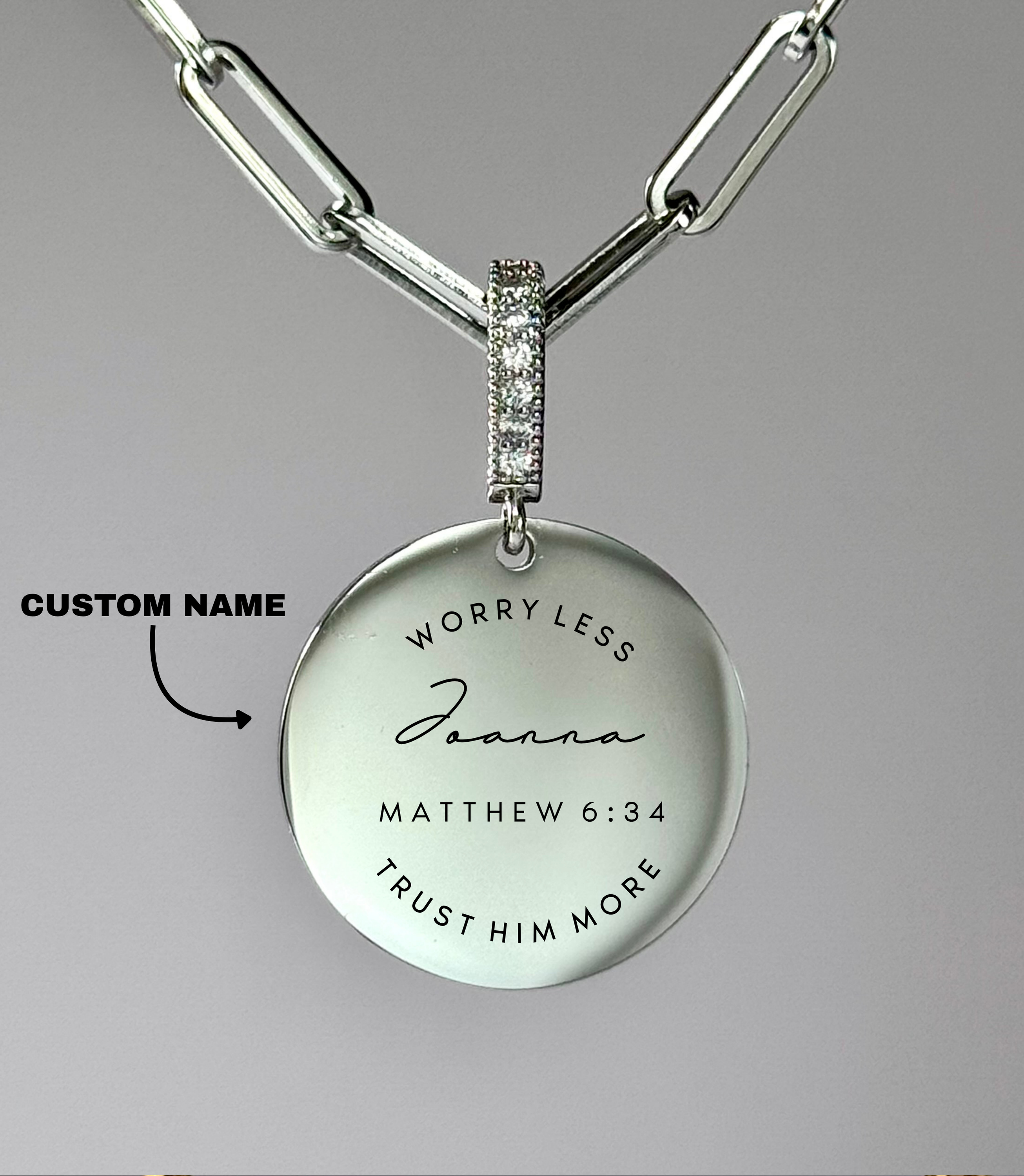"WORRY LESS, TRUST HIM MORE" Custom Name Necklace | Matthew 6:34