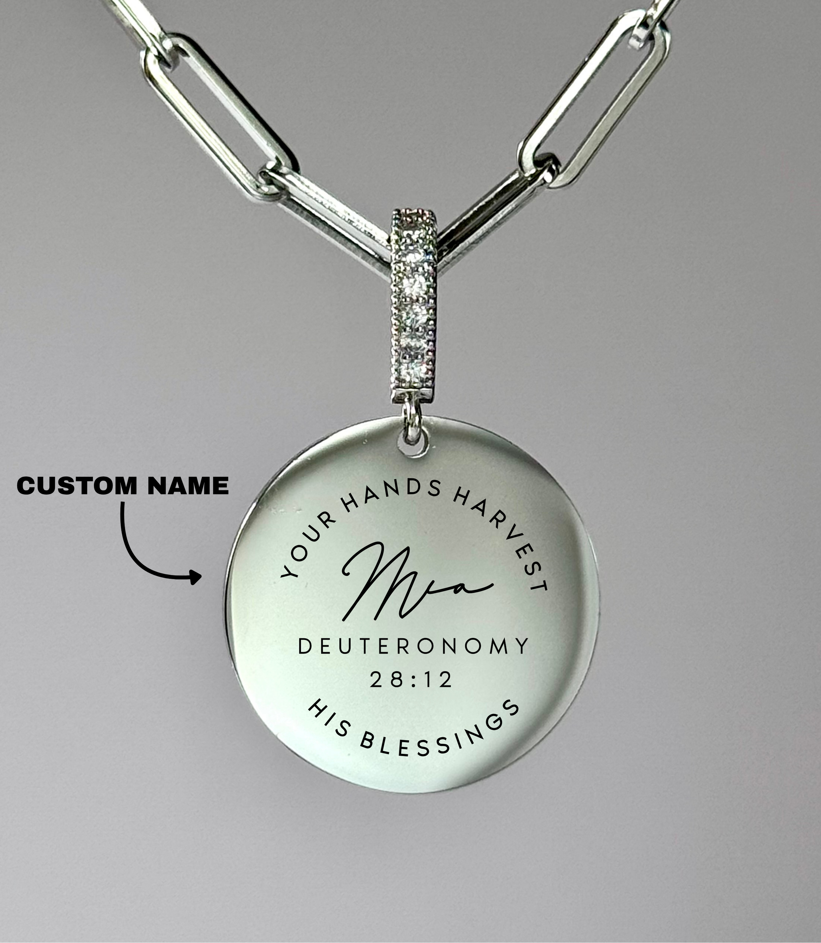 "YOUR HANDS HARVEST HIS BLESSINGS" Custom Name Necklace | Deuteronomy 28:12