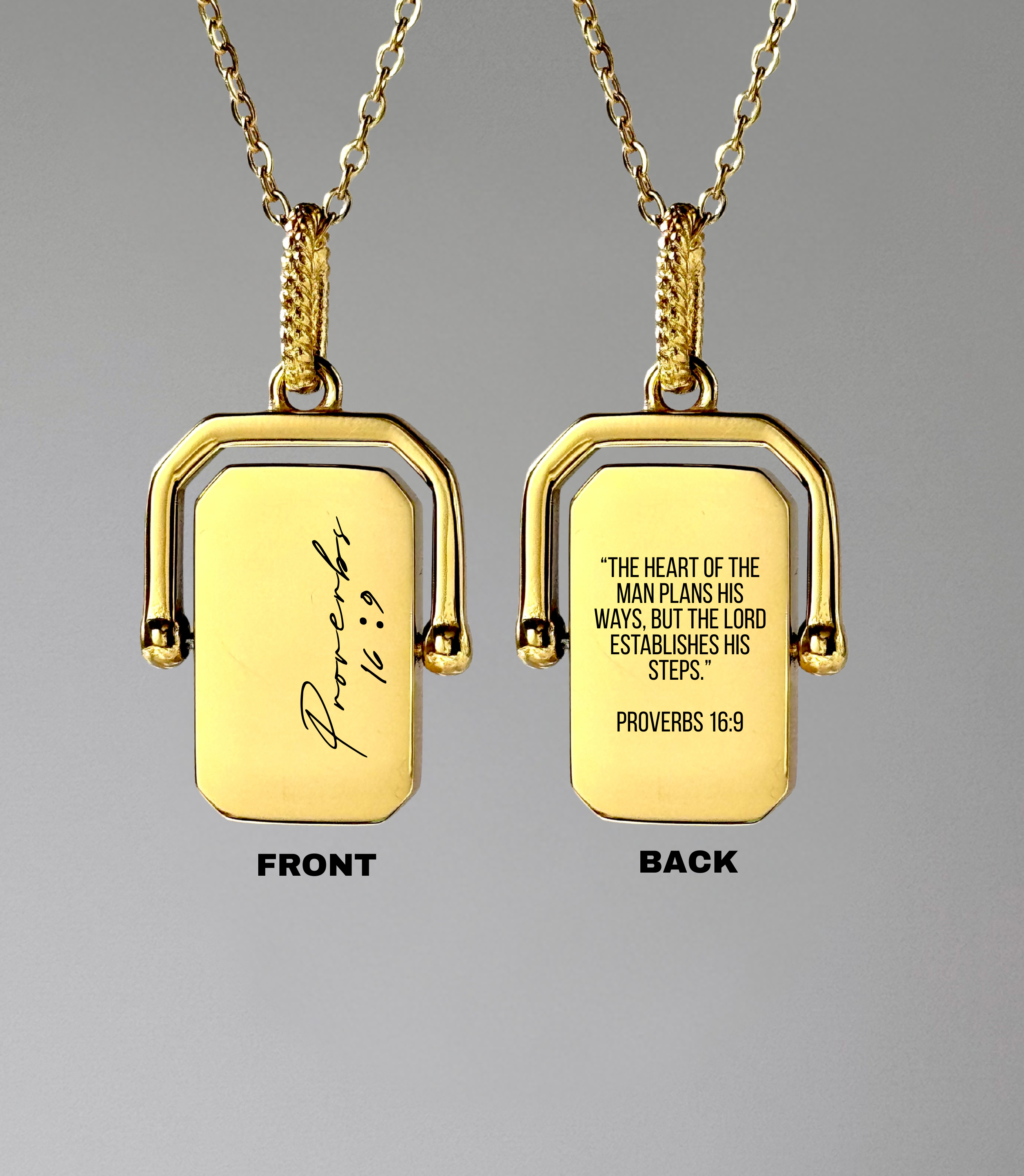 Proverbs 16:9 Rotating Rectangle Pendant Necklace