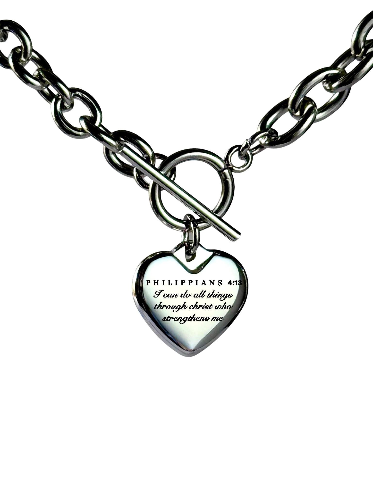 Philippians 4:13 Personalized Bible Verse Heart Necklace or Bracelet