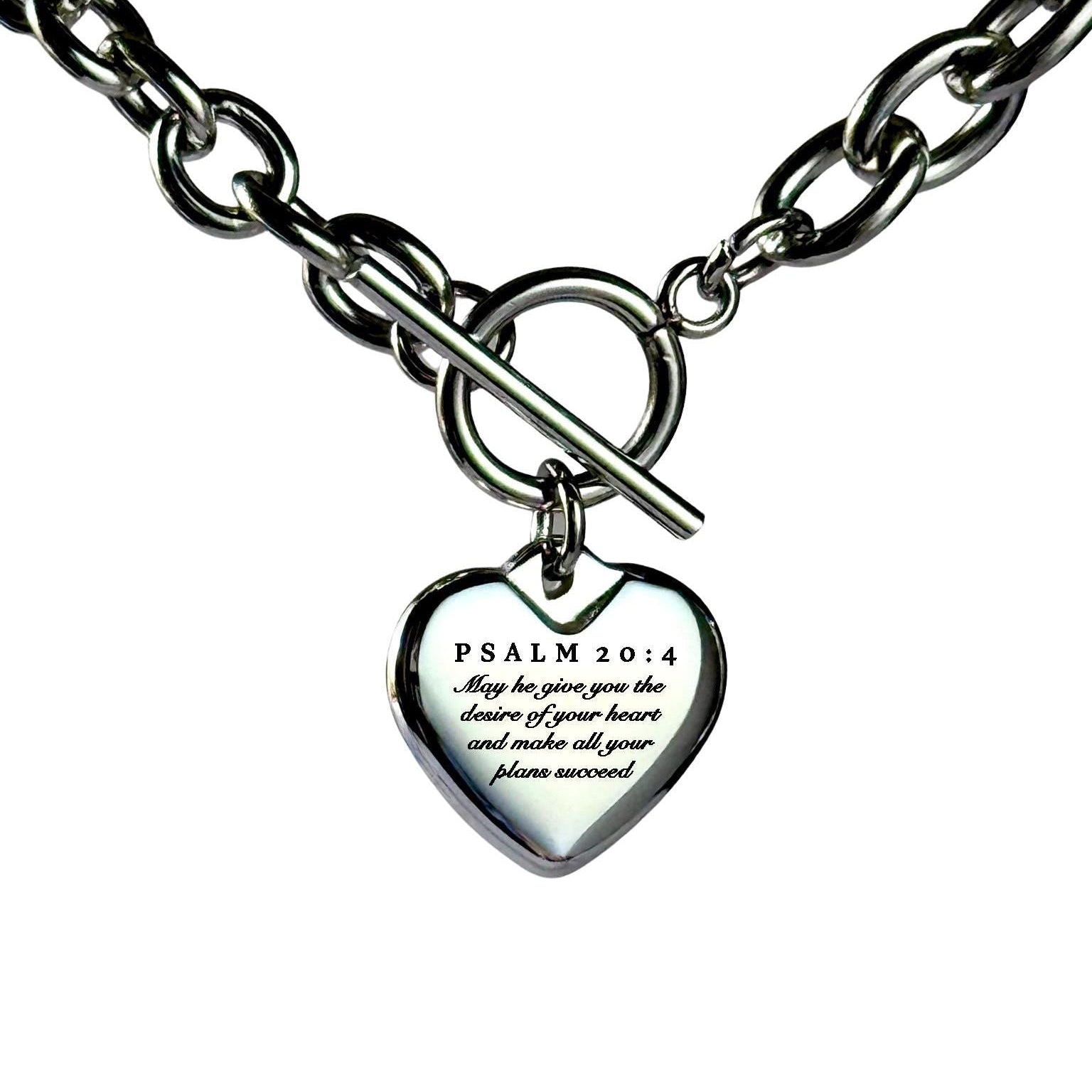 Psalm 20:4 Personalized Bible Verse Heart Necklace or Bracelet