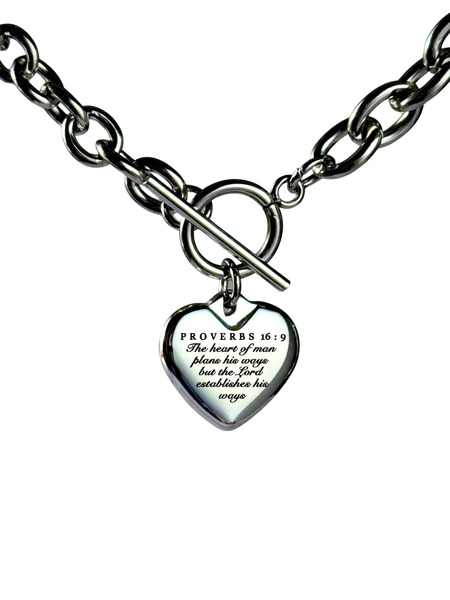 Proverbs 16:9 Personalized Bible Verse Heart Necklace or Bracelet