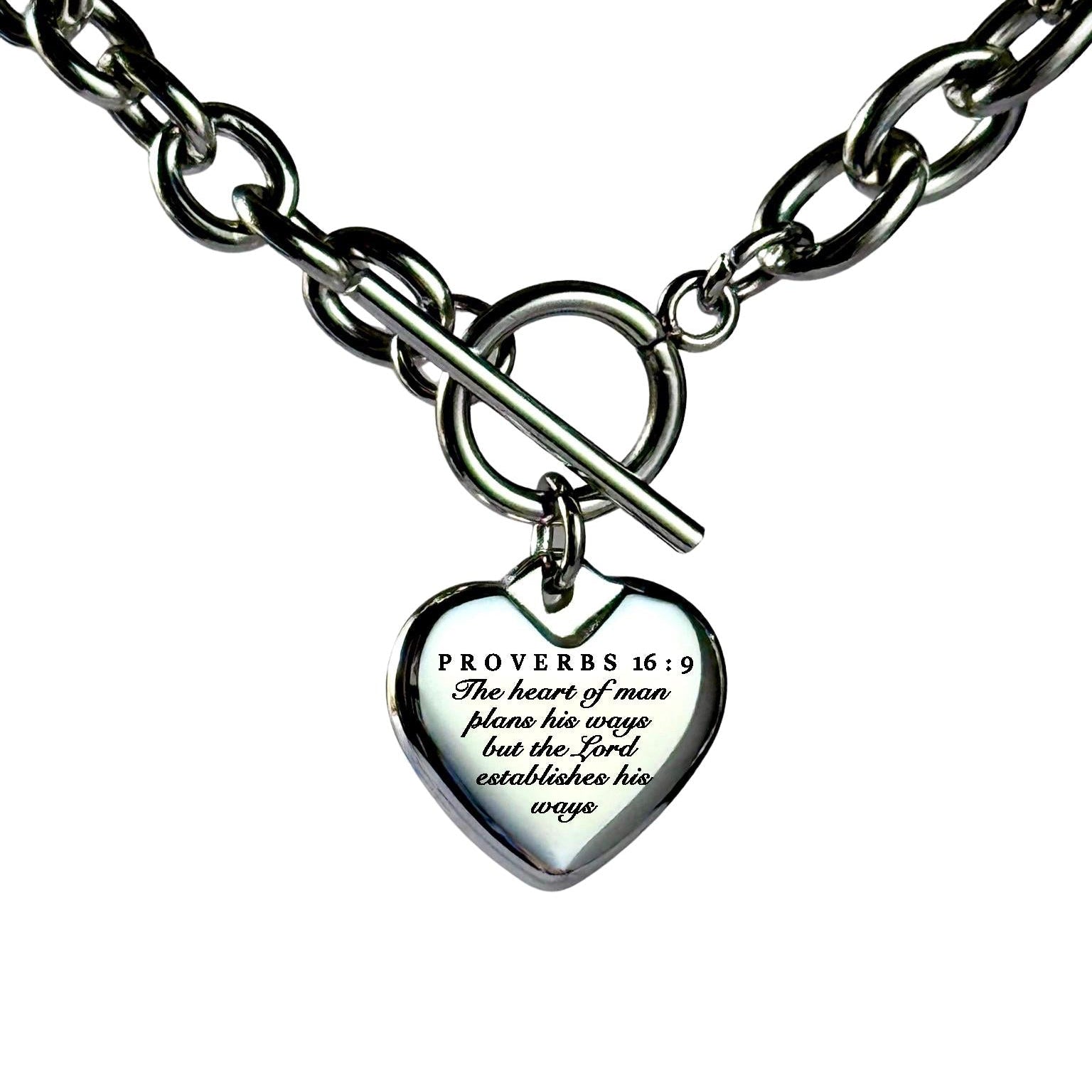 Proverbs 16:9 Personalized Bible Verse Heart Necklace or Bracelet
