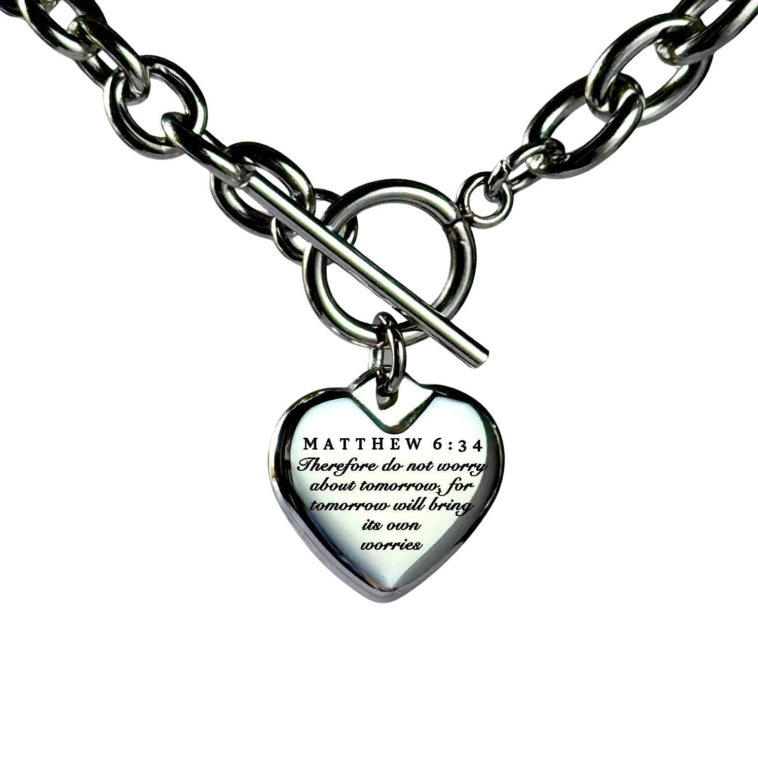 Matthew 6:34 Personalized Bible Verse Heart Necklace or Bracelet