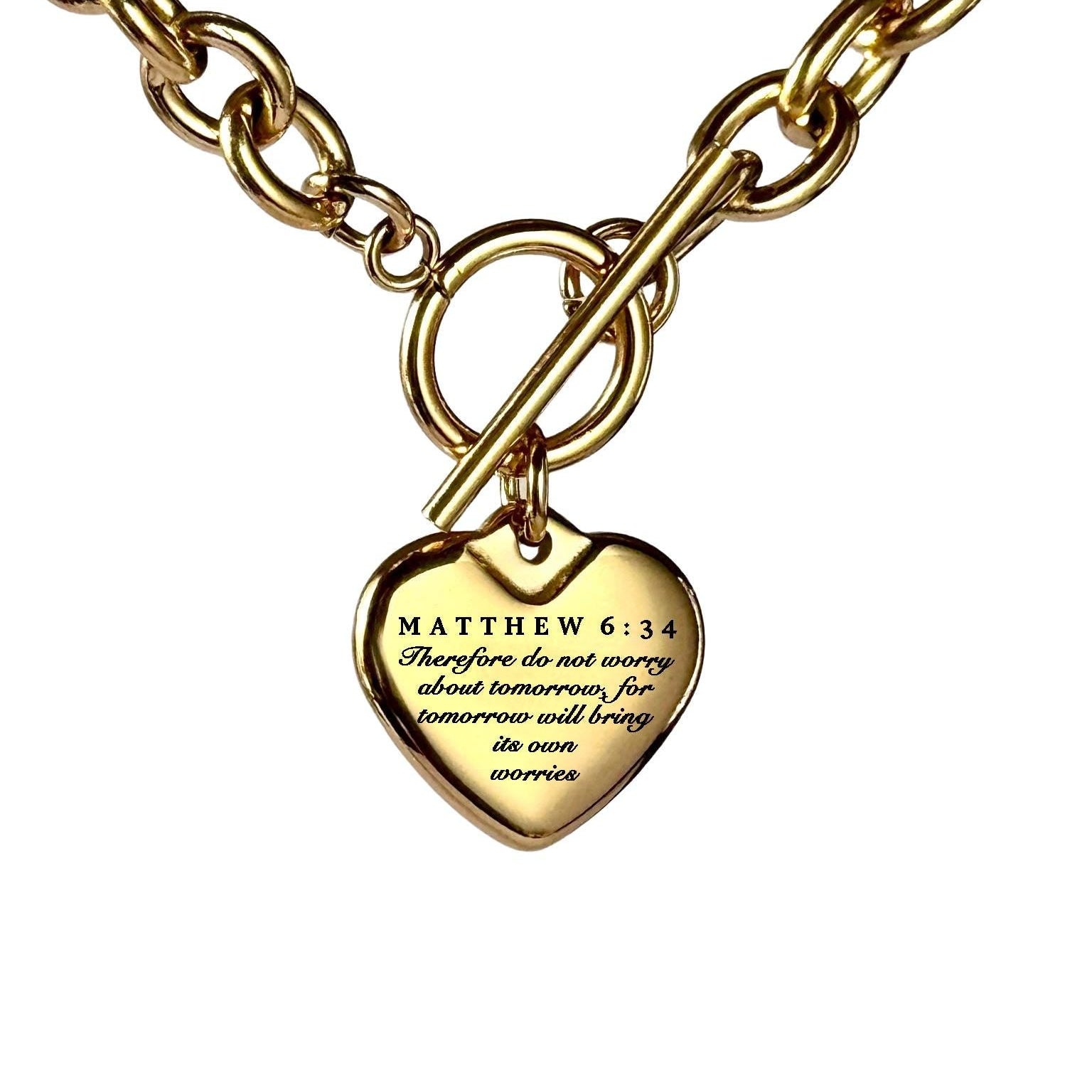 Matthew 6:34 Personalized Bible Verse Heart Necklace or Bracelet