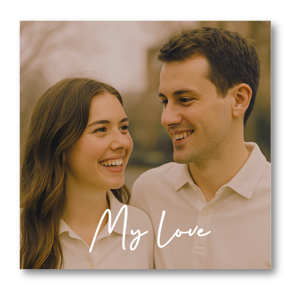 Romantic couple smiling outdoors with "My Love" text overlay, perfect for "You're the best part of me" necklace gift concept