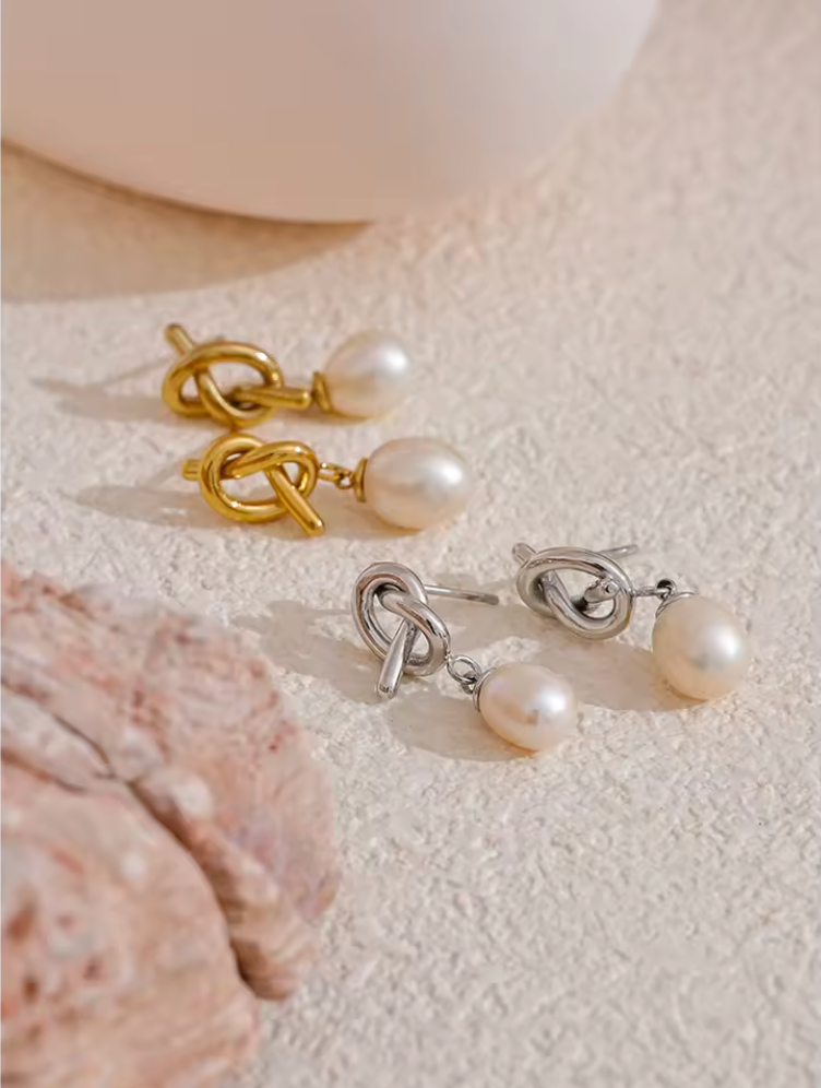 Natural Freshwater Pearl Knot Drop Earrings