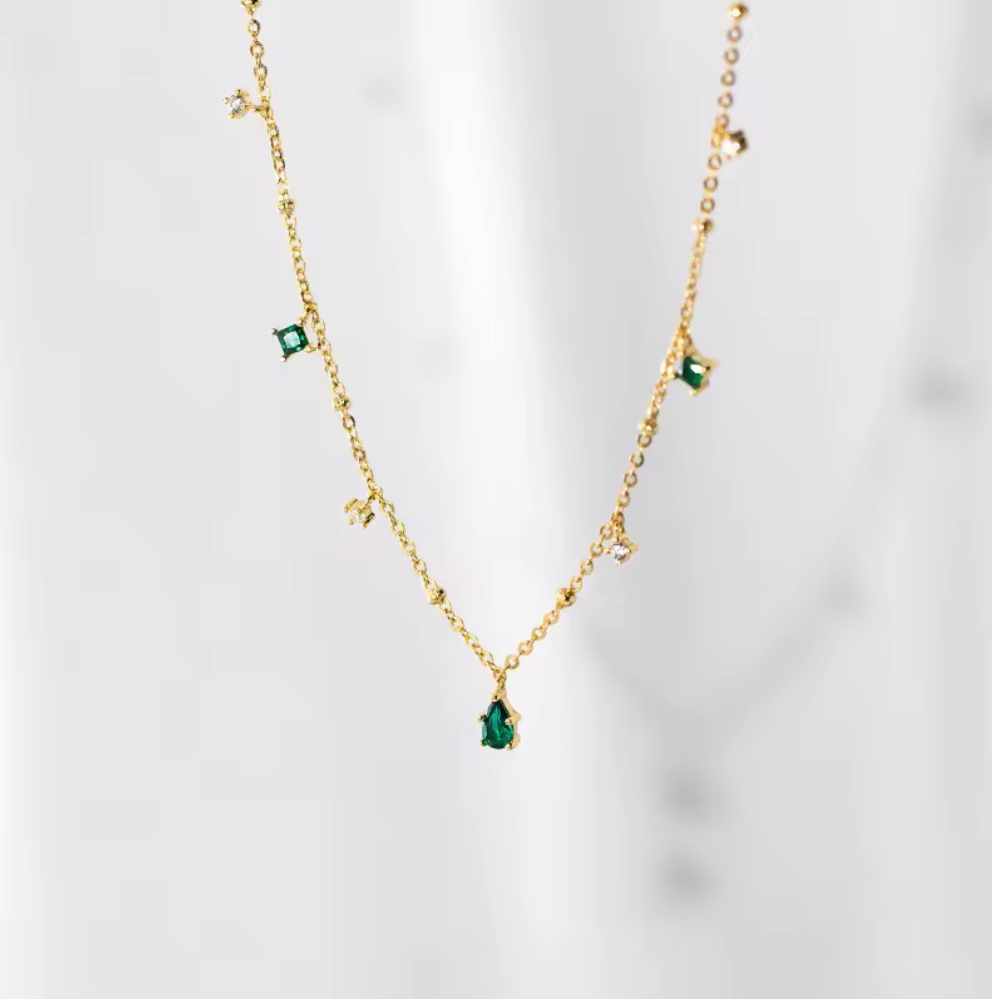 Green Emerald and White Zircon Water Drop Necklace | S925