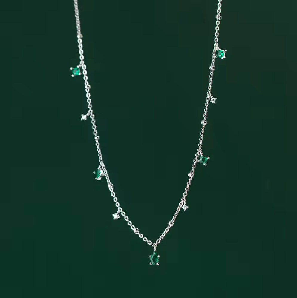 Green Emerald and White Zircon Water Drop Necklace | S925