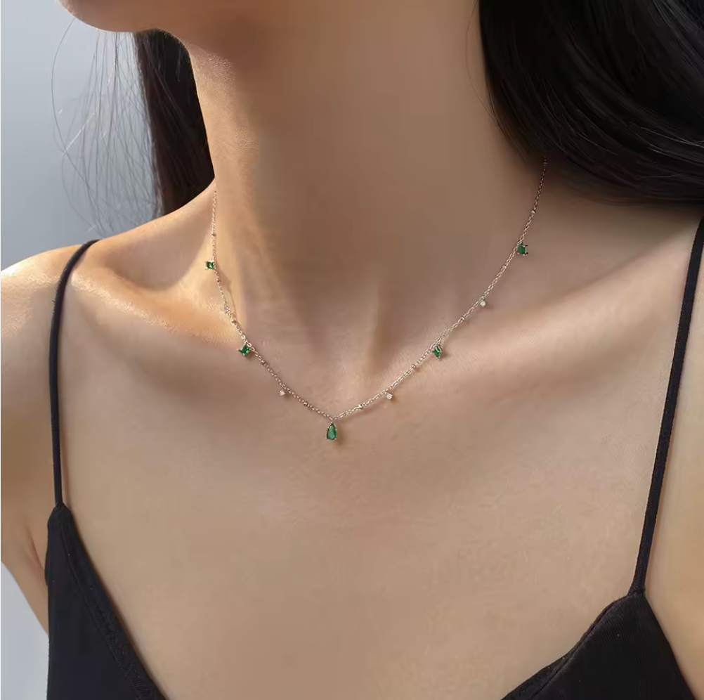 Green Emerald and White Zircon Water Drop Necklace | S925