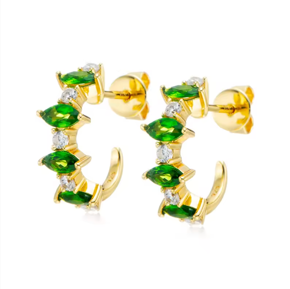 Green Emerald and White Zircon C Shaped Hoop Earrings | S925