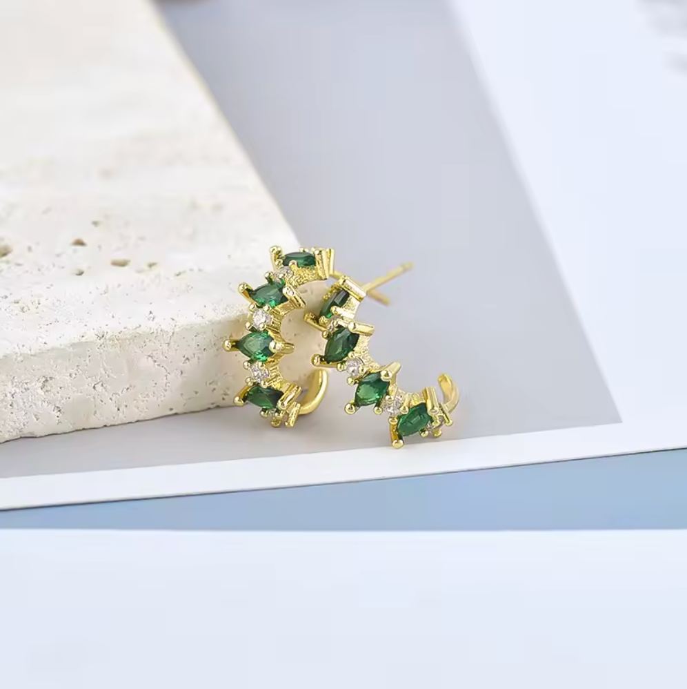 Green Emerald and White Zircon C Shaped Hoop Earrings | S925