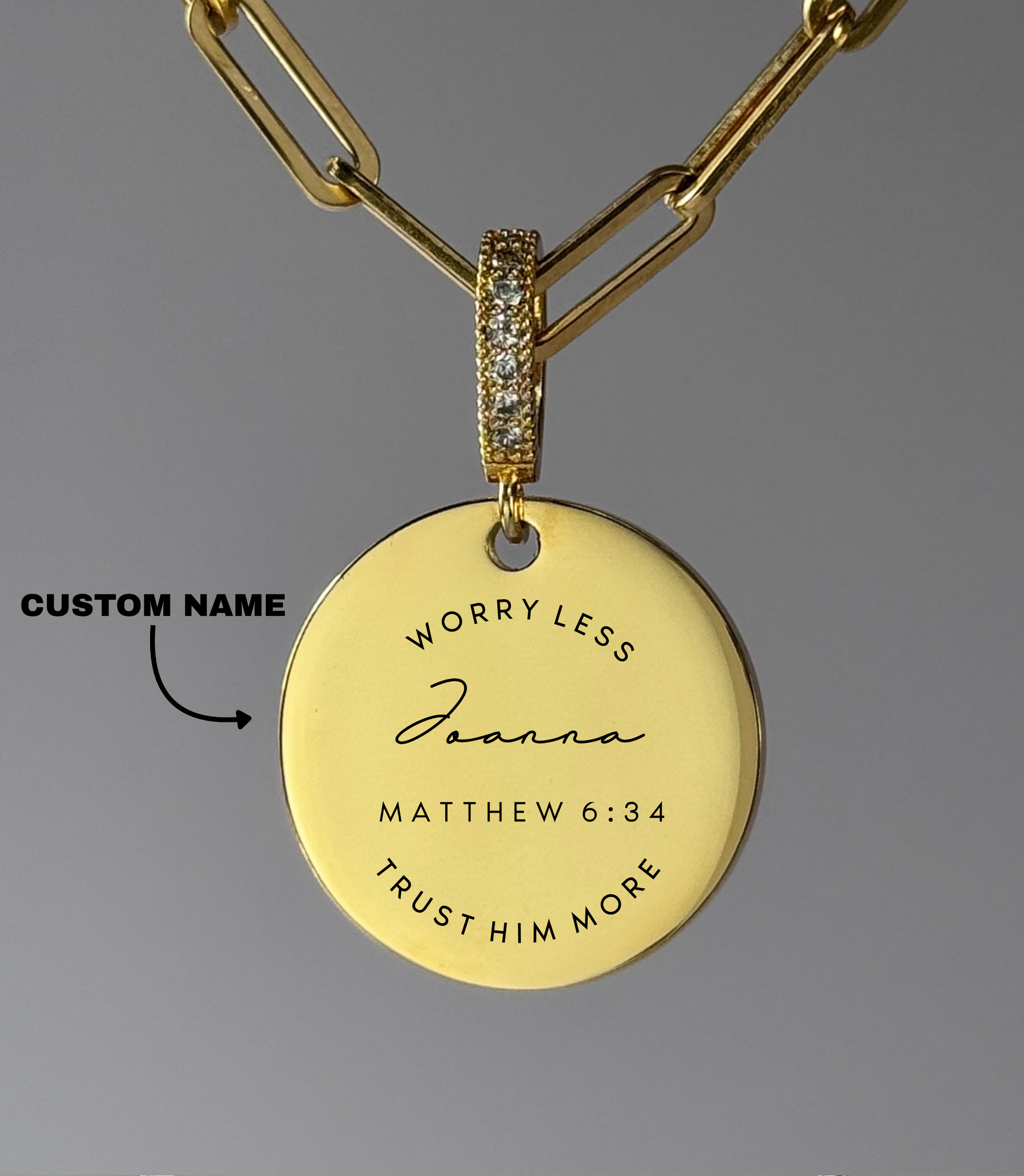"WORRY LESS, TRUST HIM MORE" Custom Name Necklace | Matthew 6:34