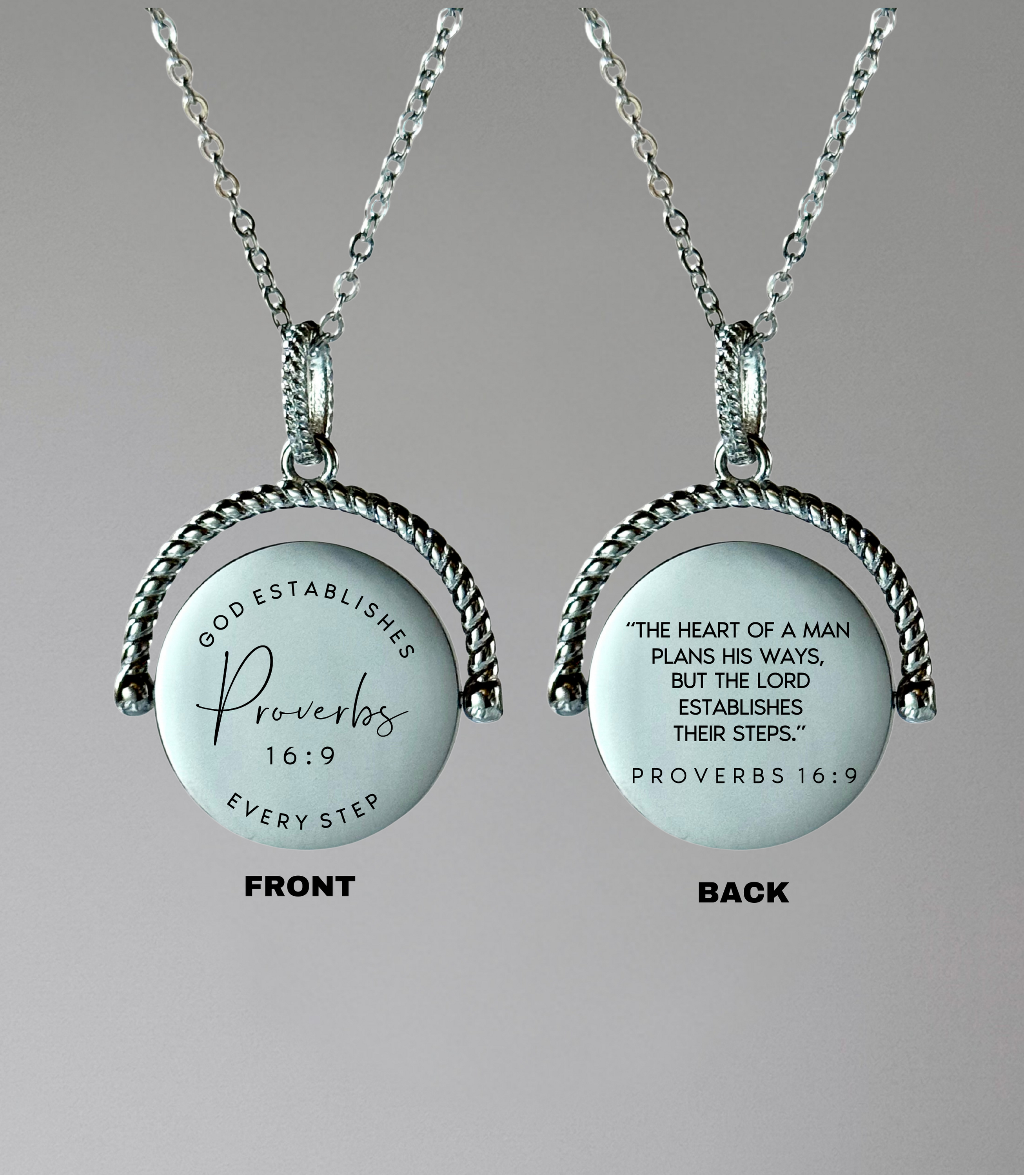 Proverbs 16:9 Rotating Round Pendant Necklace
