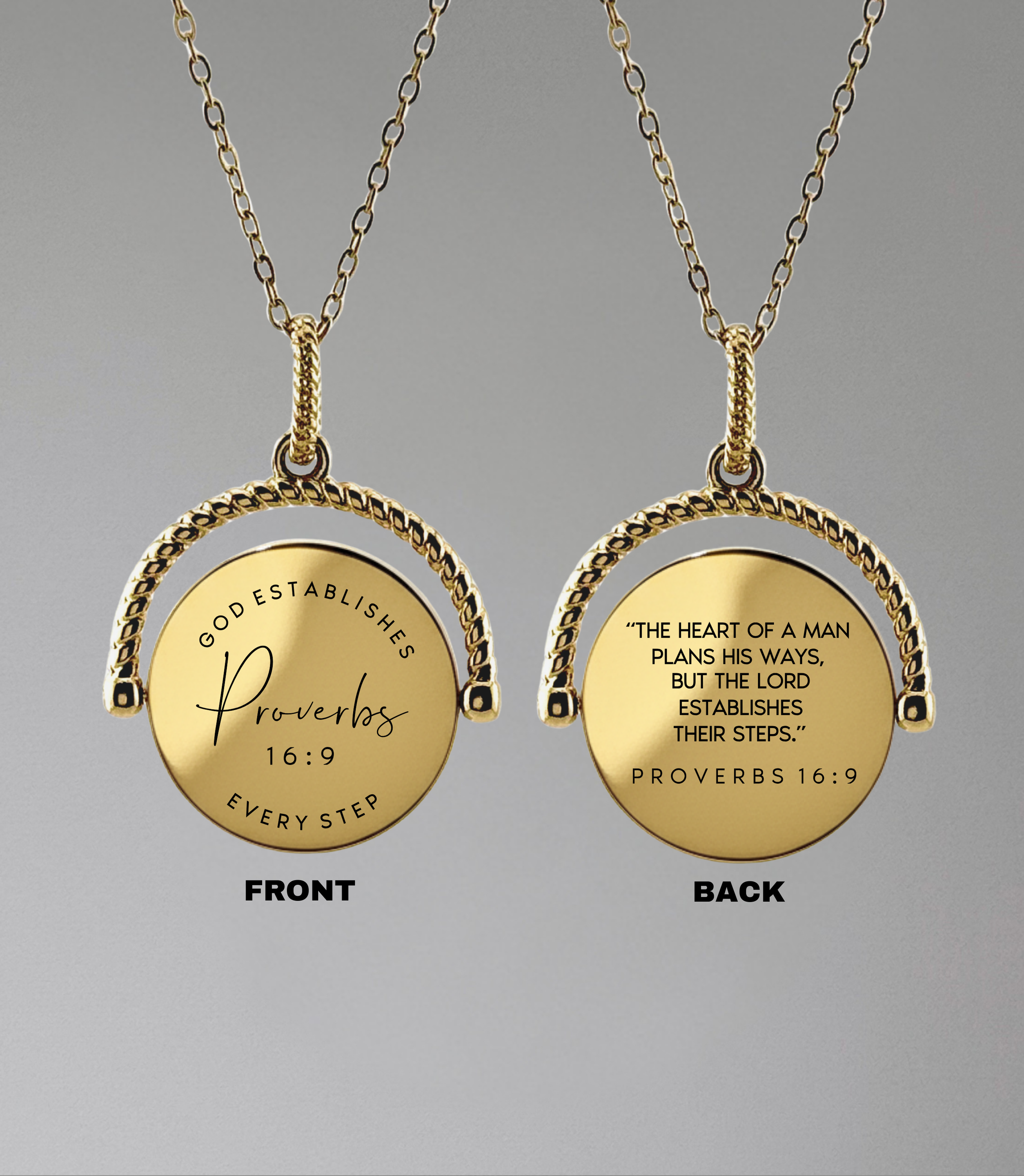 Proverbs 16:9 Rotating Round Pendant Necklace