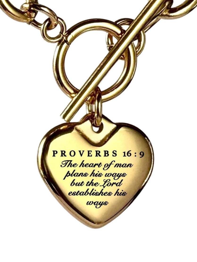 Proverbs 16:9 Personalized Bible Verse Heart Necklace or Bracelet