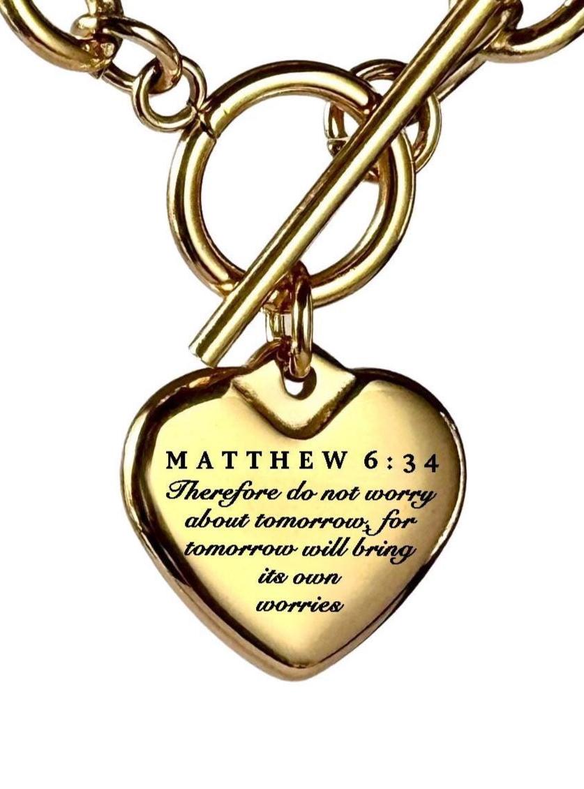 Matthew 6:34 Personalized Bible Verse Heart Necklace or Bracelet